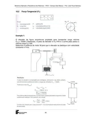 Mecânica Aplicada e Resistência dos Materiais – IFES – Campus São Mateus – Prof. João Paulo Barbosa

10.2

Força Tangencial (FT)

Exemplo 1:
O elevador da figura encontra-se projetado para transportar carga máxima
Cmáx= 7000N (10pessoas). O peso do elevador é Pe=1KN e o contra peso possui a
mesma carga Cp=1kN.
Determine a potência do motor M para que o elevador se desloque com velocidade
constante v=1m/s.

83

 