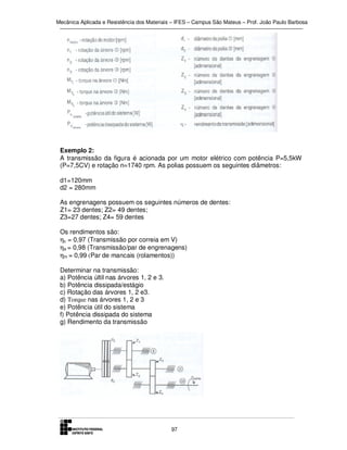 Mecânica Aplicada e Resistência dos Materiais – IFES – Campus São Mateus – Prof. João Paulo Barbosa

Exemplo 2:
A transmissão da figura é acionada por um motor elétrico com potência P=5,5kW
(P=7,5CV) e rotação n=1740 rpm. As polias possuem os seguintes diâmetros:
d1=120mm
d2 = 280mm
As engrenagens possuem os seguintes números de dentes:
Z1= 23 dentes; Z2= 49 dentes;
Z3=27 dentes; Z4= 59 dentes
Os rendimentos são:
ηc = 0,97 (Transmissão por correia em V)
ηe = 0,98 (Transmissão/par de engrenagens)
ηm = 0,99 (Par de mancais (rolamentos))
Determinar na transmissão:
a) Potência últil nas árvores 1, 2 e 3.
b) Potência dissipada/estágio
c) Rotação das árvores 1, 2 e3.
d) Torque nas árvores 1, 2 e 3
e) Potência útil do sistema
f) Potência dissipada do sistema
g) Rendimento da transmissão

97

 