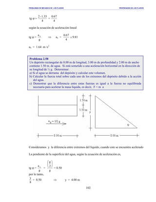 PROBLEMAS DE MECANICA DE LOS FLUIDOS PROPIEDADES DE LOS FLUIDOS
_______________________________________________________________________________________________________________________________________________________________________________________________________________________________________________________________________________
102
4
1.33-2
tg =ϕ =
4
67.0
según la ecuación de aceleración lineal
tg ϕ =
g
ax
⇒ ax =
4
0.67
x 9.81
ax = 1.64 m /s2
Consideramos y la diferencia entre extremos del líquido, cuando este se encuentra acelerado
La pendiente de la superficie del agua, según la ecuación de aceleración es,
tg ϕ =
g
ax
=
g
2
g






= 0.50
por lo tanto,
8
y
= 0.50 ⇒ y = 4.00 m
Problema 2.58
Un depósito rectangular de 8.00 m de longitud, 3.00 m de profundidad y 2.00 m de ancho
contiene 1.50 m. de agua. Si está sometido a una aceleración horizontal en la dirección de
su longitud de ½ g. Determinar:
a) Si el agua se derrama del depósito y calcular este volumen.
b) Calcular la fuerza total sobre cada uno de los extremos del depósito debido a la acción
del agua.
c) Demostrar que la diferencia entre estas fuerzas es igual a la fuerza no equilibrada
necesaria para acelerar la masa líquida, es decir, F = m a
 
