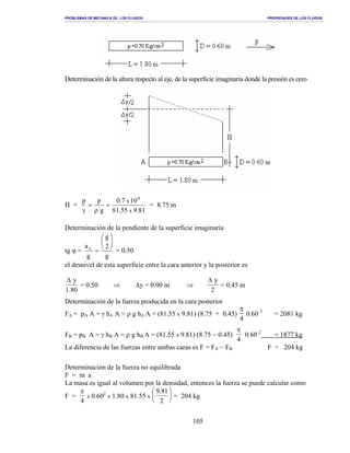 PROBLEMAS DE MECANICA DE LOS FLUIDOS PROPIEDADES DE LOS FLUIDOS
_______________________________________________________________________________________________________________________________________________________________________________________________________________________________________________________________________________
105
Determinación de la altura respecto al eje, de la superficie imaginaria donde la presión es cero
H =
9.8181.55
100.7
g
pp
x
x
4
=
ρ
=
γ
= 8.75 m
Determinación de la pendiente de la superficie imaginaria
tg ϕ =
g
2
g
g
ax






= = 0.50
el desnivel de esta superficie entre la cara anterior y la posterior es
∆ y
1.80
= 0.50 ⇒ ∆y = 0.90 m ⇒
∆ y
2
= 0.45 m
Determinación de la fuerza producida en la cara posterior
FA = pA A = γ hA A = ρ g hA A = (81.55 x 9.81) (8.75 + 0.45)
π
4
0.60 2
= 2081 kg
FB = pB A = γ hB A = ρ g hB A = (81.55 x 9.81) (8.75 − 0.45)
π
4
0.60 2
= 1877 kg
La diferencia de las fuerzas entre ambas caras es F = FA − FB F = 204 kg
Determinación de la fuerza no equilibrada
F = m a
La masa es igual al volumen por la densidad, entonces la fuerza se puede calcular como
F =
π
4
x 0.602
x 1.80 x 81.55 x
9.81
2





 = 204 kg
 