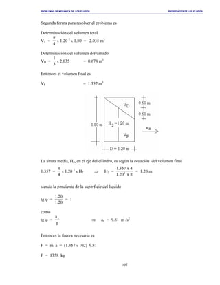 PROBLEMAS DE MECANICA DE LOS FLUIDOS PROPIEDADES DE LOS FLUIDOS
_______________________________________________________________________________________________________________________________________________________________________________________________________________________________________________________________________________
107
Segunda forma para resolver el problema es
Determinación del volumen total
VT =
π
4
x 1.20 2
x 1.80 = 2.035 m3
Determinación del volumen derramado
VD =
1
3
x 2.035 = 0.678 m3
Entonces el volumen final es
VF = 1.357 m3
La altura media, H2, en el eje del cilindro, es según la ecuación del volumen final
1.357 =
π
4
x 1.20 2
x H2 ⇒ H2 =
1.357 x 4
1.20 x2
π
= 1.20 m
siendo la pendiente de la superficie del líquido
tg ϕ =
1.20
1.20
= 1
como
tg ϕ =
a
g
x
⇒ ax = 9.81 m /s2
Entonces la fuerza necesaria es
F = m a = (1.357 x 102) 9.81
F = 1358 kg
 