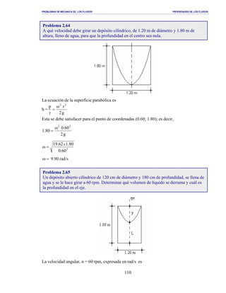 PROBLEMAS DE MECANICA DE LOS FLUIDOS PROPIEDADES DE LOS FLUIDOS
_______________________________________________________________________________________________________________________________________________________________________________________________________________________________________________________________________________
110
La ecuación de la superficie parabólica es
h =
g2
rp 22
ω
=
γ
Esta se debe satisfacer para el punto de coordenadas (0.60; 1.80); es decir,
g2
60.0
80.1
22
ω
=
2
60.0
80.162.19 x
=ω
=ω 9.90 rad/s
La velocidad angular, n = 60 rpm, expresada en rad/s es
Problema 2.64
A qué velocidad debe girar un depósito cilíndrico, de 1.20 m de diámetro y 1.80 m de
altura, lleno de agua, para que la profundidad en el centro sea nula.
Problema 2.65
Un depósito abierto cilíndrico de 120 cm de diámetro y 180 cm de profundidad, se llena de
agua y se le hace girar a 60 rpm. Determinar qué volumen de líquido se derrama y cuál es
la profundidad en el eje.
 