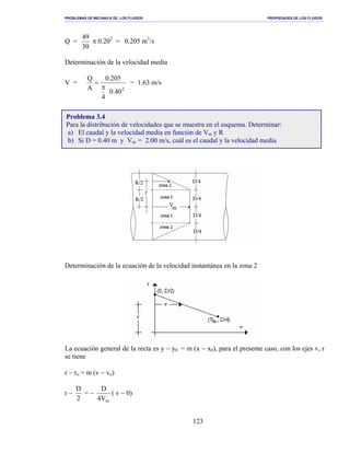 PROBLEMAS DE MECANICA DE LOS FLUIDOS PROPIEDADES DE LOS FLUIDOS
_______________________________________________________________________________________________________________________________________________________________________________________________________________________________________________________________________________
123
Q =
30
49
π 0.202
= 0.205 m3
/s
Determinación de la velocidad media
V =
2
40.0
4
205.0
A
Q
π
= = 1.63 m/s
Determinación de la ecuación de la velocidad instantánea en la zona 2
La ecuación general de la recta es y − y0 = m (x − x0), para el presente caso, con los ejes v, r
se tiene
r − ro = m (v − vo)
r −
2
D
= −
mV4
D
( v − 0)
Problema 3.4
Para la distribución de velocidades que se muestra en el esquema. Determinar:
a) El caudal y la velocidad media en función de Vm y R
b) Si D = 0.40 m y Vm = 2.00 m/s, cuál es el caudal y la velocidad media
 