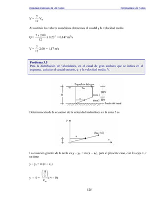 PROBLEMAS DE MECANICA DE LOS FLUIDOS PROPIEDADES DE LOS FLUIDOS
_______________________________________________________________________________________________________________________________________________________________________________________________________________________________________________________________________________
125
V = mV
12
7
Al sustituir los valores numéricos obtenemos el caudal y la velocidad media
Q = 2
20.0
12
00.27 x
π = 0.147 m3
/s
V = 00.2
12
7
= 1.17 m/s
Determinación de la ecuación de la velocidad instantánea en la zona 2 es
La ecuación general de la recta es y − y0 = m (x − x0), para el presente caso, con los ejes v, r
se tiene
y − yo = m (v − vo)
y − 0 =
mV
3
H






( v − 0)
Problema 3.5
Para la distribución de velocidades, en el canal de gran anchura que se indica en el
esquema, calcular el caudal unitario, q y la velocidad media, V.
 