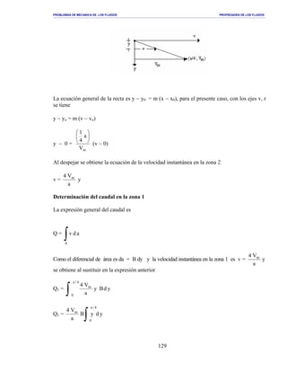 PROBLEMAS DE MECANICA DE LOS FLUIDOS PROPIEDADES DE LOS FLUIDOS
_______________________________________________________________________________________________________________________________________________________________________________________________________________________________________________________________________________
129
La ecuación general de la recta es y − y0 = m (x − x0), para el presente caso, con los ejes v, r
se tiene
y − yo = m (v − vo)
y − 0 =
mV
a
4
1






(v − 0)
Al despejar se obtiene la ecuación de la velocidad instantánea en la zona 2
v =
a
V4 m
y
Determinación del caudal en la zona 1
La expresión general del caudal es
Q =
∫A
adv
Como el diferencial de área es da = B dy y la velocidad instantánea en la zona 1 es v = y
a
V4 m
se obtiene al sustituir en la expresión anterior
Q1 =
∫
4/a
0
m
ydBy
a
V4
Q1 =
∫
4/a
0
m
ydyB
a
V4
 