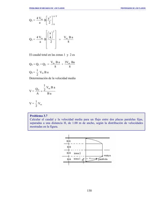 PROBLEMAS DE MECANICA DE LOS FLUIDOS PROPIEDADES DE LOS FLUIDOS
_______________________________________________________________________________________________________________________________________________________________________________________________________________________________________________________________________________
130
Q1 =
4/a
0
2
m
2
y
B
a
V4






Q1 =
8
aBV
2
4
a
B
a
V4 m
2
m
=




















El caudal total en las zonas 1 y 2 es
QT = Q1 + Q2 =
8
aBVm
+
8
BaV3 m
QT =
2
1
Vm B a
Determinación de la velocidad media
V =
aB
aBV
2
1
A
Q m
T
=
V = mV
2
1
Problema 3.7
Calcular el caudal y la velocidad media para un flujo entre dos placas paralelas fijas,
separadas a una distancia H, de 1.00 m de ancho, según la distribución de velocidades
mostradas en la figura.
 