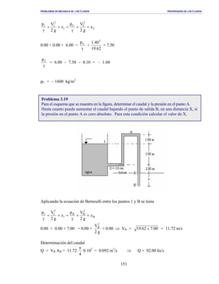PROBLEMAS DE MECANICA DE LOS FLUIDOS PROPIEDADES DE LOS FLUIDOS
_______________________________________________________________________________________________________________________________________________________________________________________________________________________________________________________________________________
151
C
2
CC
1
2
11
z
g2
Vp
z
g2
Vp
++
γ
=++
γ
0.00 + 0.00 + 6.00 =
γ
Cp
+
62.19
40.1 2
+ 7.50
γ
Cp
= 6.00 − 7.50 − 0.10 = – 1.60
pC = − 1600 kg/m2
Aplicando la ecuación de Bernoulli entre los puntos 1 y B se tiene
B
2
BB
1
2
11
z
g2
Vp
z
g2
Vp
++
γ
=++
γ
0.00 + 0.00 + 7.00 = 0.00 +
g2
V2
B
+ 0.00 ⇒ VB = 00.762.19 x = 11.72 m/s
Determinación del caudal
Q = VB AB = 11.72
4
π
0.102
= 0.092 m3
/s ⇒ Q = 92.00 lts/s
Problema 3.19
Para el esquema que se muestra en la figura, determinar el caudal y la presión en el punto A.
Hasta cuanto puede aumentar el caudal bajando el punto de salida B, en una distancia X, si
la presión en el punto A es cero absoluto. Para esta condición calcular el valor de X.
 