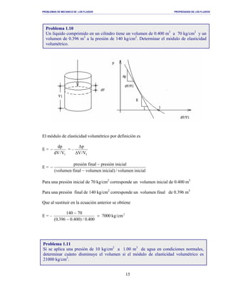 PROBLEMAS DE MECANICA DE LOS FLUIDOS PROPIEDADES DE LOS FLUIDOS
_______________________________________________________________________________________________________________________________________________________________________________________________________________________________________________________________________________
15
El módulo de elasticidad volumétrico por definición es
E =
1V/dV
dp
− = –
1V/V
p
∆
∆
E =
inicialvolumen/)inicialvolumenfinalvolumen(
inicialpresiónfinalpresión
−
−
−
Para una presión inicial de 70 kg/cm2
corresponde un volumen inicial de 0.400 m3
Para una presión final de 140 kg/cm2
corresponde un volumen final de 0.396 m3
Que al sustituir en la ecuación anterior se obtiene
E = – 2
cm/kg0007
004.0/)400.0396.0(
70140
=
−
−
Problema 1.11
Si se aplica una presión de 10 kg/cm2
a 1.00 m3
de agua en condiciones normales,
determinar cuánto disminuye el volumen si el módulo de elasticidad volumétrico es
21000 kg/cm2
.
Problema 1.10
Un líquido comprimido en un cilindro tiene un volumen de 0.400 m3
a 70 kg/cm2
y un
volumen de 0.396 m3
a la presión de 140 kg/cm2
. Determinar el módulo de elasticidad
volumétrico.
 