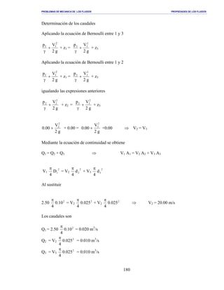 PROBLEMAS DE MECANICA DE LOS FLUIDOS PROPIEDADES DE LOS FLUIDOS
_______________________________________________________________________________________________________________________________________________________________________________________________________________________________________________________________________________
180
Determinación de los caudales
Aplicando la ecuación de Bernoulli entre 1 y 3
g2
Vp 2
11
+
γ
+ z1 =
g2
Vp 2
33
+
γ
+ z3
Aplicando la ecuación de Bernoulli entre 1 y 2
g2
Vp 2
11
+
γ
+ z1 =
g2
Vp 2
33
+
γ
+ z3
igualando las expresiones anteriores
g2
Vp 2
22
+
γ
+ z2 =
g2
Vp 2
33
+
γ
+ z3
g2
V
00.0
2
2
+ + 0.00 =
g2
V
00.0
2
3
+ +0.00 ⇒ V2 = V3
Mediante la ecuación de continuidad se obtiene
Q1 = Q2 + Q3 ⇒ V1 A1 = V2 A2 + V3 A3
V1
2
1D
4
π
= V2
2
2d
4
π
+ V3
2
3d
4
π
Al sustituir
2.50 2
10.0
4
π
= V2
2
025.0
4
π
+ V2
2
025.0
4
π
⇒ V2 = 20.00 m/s
Los caudales son
Q1 = 2.50 2
10.0
4
π
= 0.020 m3
/s
Q2 = V2
2
025.0
4
π
= 0.010 m3
/s
Q3 = V3
2
025.0
4
π
= 0.010 m3
/s
 