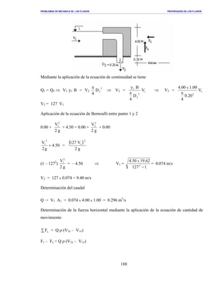 PROBLEMAS DE MECANICA DE LOS FLUIDOS PROPIEDADES DE LOS FLUIDOS
_______________________________________________________________________________________________________________________________________________________________________________________________________________________________________________________________________________
188
Mediante la aplicación de la ecuación de continuidad se tiene
Q1 = Q2 ⇒ V1 y1 B = V2
2
2D
4
π
⇒ V2 = 1
2
2
1
V
D
4
By
π
⇒ V2 = 1
2
V
20.0
4
00.100.4 x
π
V2 = 127 V1
Aplicación de la ecuación de Bernoulli entre punto 1 y 2
0.00 +
g2
V2
1
+ 4.50 = 0.00 +
g2
V2
2
+ 0.00
50.4
g2
V
2
1
+ =
( )
g2
V127
2
1
(1 – 1272
)
g2
V2
1
= – 4.50 ⇒ V1 =
1127
62.1950.4
2
x
−
= 0.074 m/s
V2 = 127 x 0.074 = 9.40 m/s
Determinación del caudal
Q = V1 A1 = 0.074 x 4.00 x 1.00 = 0.296 m3
/s
Determinación de la fuerza horizontal mediante la aplicación de la ecuación de cantidad de
movimiento
∑ xF = Q ρ (V2x – V1x)
F1 – Fx = Q ρ (V2x – V1x)
 