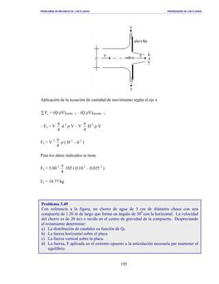PROBLEMAS DE MECANICA DE LOS FLUIDOS PROPIEDADES DE LOS FLUIDOS
_______________________________________________________________________________________________________________________________________________________________________________________________________________________________________________________________________________
195
Aplicación de la ecuación de cantidad de movimiento según el eje x
∑ xF = (Q ρV)salida x – (Q ρV)entrada x
– Fx = V
4
π
d 2
ρ V – V
4
π
D 2
ρ V
Fx = V 2
4
π
ρ ( D 2
– d 2
)
Para los datos indicados se tiene
Fx = 5.00 2
4
π
102 ( 0.10 2
– 0.025 2
)
Fx = 18.77 kg
Problema 3.49
Con referencia a la figura, un chorro de agua de 5 cm de diámetro choca con una
compuerta de 1.20 m de largo que forma un ángulo de 300
con la horizontal. La velocidad
del chorro es de 20 m/s e incide en el centro de gravedad de la compuerta. Despreciando
el rozamiento determinar:
a) La distribución de caudales en función de Q0
b) La fuerza horizontal sobre el placa.
c) La fuerza vertical sobre la placa.
d) La fuerza, F aplicada en el extremo opuesto a la articulación necesaria par mantener el
equilibrio.
 
