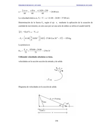 PROBLEMAS DE MECANICA DE LOS FLUIDOS PROPIEDADES DE LOS FLUIDOS
_______________________________________________________________________________________________________________________________________________________________________________________________________________________________________________________________________________
198
u =
60
250829.1
60
nD
60
nr2 xπ
=
π
=
π
= 24.00 m/s
La velocidad relativa es, Vr = V − u = 61.00 − 24.00 = 37.00 m/s
Determinación de la fuerza Fx, según el eje x, mediante la aplicación de la ecuación de
cantidad de movimiento; en este caso por ser una serie de alabes se utiliza el caudal total Q.
∑ xF = Q ρ( Vr 2x – Vr 1x)
– Fx = ( )3730Cos00.37102058.0
4
00.61 02
−−










 π
= 870 kg
La potencia es
PCV =
75
00.2400.870
75
uF xx
= = 278 CV
Utilizando velocidades absolutas se tiene,
velocidades en la sección sección de entrada y de salida
Diagrama de velocidades en la sección de salida
 
