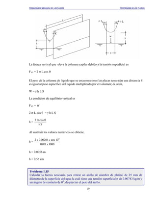 PROBLEMAS DE MECANICA DE LOS FLUIDOS PROPIEDADES DE LOS FLUIDOS
_______________________________________________________________________________________________________________________________________________________________________________________________________________________________________________________________________________
19
La fuerza vertical que eleva la columna capilar debido a la tensión superficial es
FV1 = 2 σ L cos θ
El peso de la columna de líquido que se encuentra entre las placas separadas una distancia S
es igual al peso específico del líquido multiplicado por el volumen; es decir,
W = γ h L S
La condición de equilibrio vertical es
FV1 = W
2 σ L cos θ = γ h L S
h =
S
cos2
γ
θσ
Al sustituir los valores numéricos se obtiene,
h =
0001100.0
01sco48200.02
x
xx
0
h = 0.0056 m
h = 0.56 cm
Problema 1.15
Calcular la fuerza necesaria para retirar un anillo de alambre de platino de 25 mm de
diámetro de la superficie del agua la cuál tiene una tensión superficial σ de 0.00743 kg/m y
un ángulo de contacto de 00
, despreciar el peso del anillo.
 