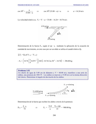 PROBLEMAS DE MECANICA DE LOS FLUIDOS PROPIEDADES DE LOS FLUIDOS
_______________________________________________________________________________________________________________________________________________________________________________________________________________________________________________________________________________
200
cos 300
=
u00.35
u
−
⇒ cos 300
(35.00 – u) = u ⇒ u = 16.24 m/s
La velocidad relativa es, Vr = V − u = 35.00 − 16.24 = 18.76 m/s
Determinación de la fuerza Fx, según el eje x, mediante la aplicación de la ecuación de
cantidad de movimiento, en este caso por ser un alabe se utiliza el caudal relativo Qr.
∑ xF = Qr ρ( Vr 2x – Vr 1x)
– Fx = ( )76.1830Cos76.18102075.0
4
76.18 02
−−










 π
= 296.00 kg
Determinación de la fuerza que reciben los alabes a través de la potencia
PCV =
75
uFx
⇒ Fx =
15
18075
u
P75 x
= = 900.00 kg
Problema 3.52
Un chorro de agua de 5.00 cm de diámetro y V = 60.00 m/s, transfiere a una serie de
alabes, una potencia de 180 CV. Los alabes se mueven a 15.00 m/s en la misma dirección
del chorro. Determinar el ángulo de desviación de los alabes.
 