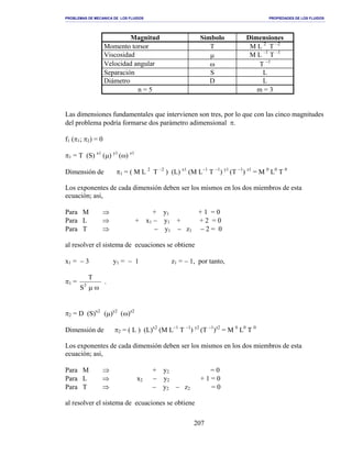 PROBLEMAS DE MECANICA DE LOS FLUIDOS PROPIEDADES DE LOS FLUIDOS
_______________________________________________________________________________________________________________________________________________________________________________________________________________________________________________________________________________
207
Magnitud Símbolo Dimensiones
Momento torsor T M L 2
T –2
Viscosidad µ M L –1
T –1
Velocidad angular ω T −1
Separación S L
Diámetro D L
n = 5 m = 3
Las dimensiones fundamentales que intervienen son tres, por lo que con las cinco magnitudes
del problema podría formarse dos parámetro adimensional π.
f1 (π1; π2) = 0
π1 = T (S) x1
(µ) y1
(ω) z1
Dimensión de π1 = ( M L 2
T –2
) (L) x1
(M L−1
T −1
) y1
(T −1
) z1
= M 0
L0
T 0
Los exponentes de cada dimensión deben ser los mismos en los dos miembros de esta
ecuación; asi,
Para M ⇒ + y1 + 1 = 0
Para L ⇒ + x1 − y1 + + 2 = 0
Para T ⇒ − y1 − z1 − 2 = 0
al resolver el sistema de ecuaciones se obtiene
x1 = − 3 y1 = − 1 z1 = − 1, por tanto,
π1 =
ωµ3
S
T
.
π2 = D (S)x2
(µ)y2
(ω)z2
Dimensión de π2 = ( L ) (L)x2
(M L−1
T −1
) y2
(T −1
)z2
= M 0
L0
T 0
Los exponentes de cada dimensión deben ser los mismos en los dos miembros de esta
ecuación; asi,
Para M ⇒ + y2 = 0
Para L ⇒ x2 − y2 + 1 = 0
Para T ⇒ − y2 − z2 = 0
al resolver el sistema de ecuaciones se obtiene
 