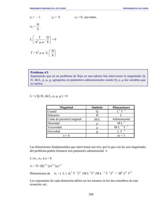 PROBLEMAS DE MECANICA DE LOS FLUIDOS PROPIEDADES DE LOS FLUIDOS
_______________________________________________________________________________________________________________________________________________________________________________________________________________________________________________________________________________
208
x2 = − 1 y2 = 0 z2 = 0, por tanto,
π2 =
S
D
.
f1








ωµ S
D
;
S
T
3
= 0
T = S3
µ ω f2 





S
D
f1 = ( Q, D, ∆h/L, ρ, µ, g ) = 0
Magnitud Símbolo Dimensiones
Caudal Q L3
T –1
Diámetro D L
Caída de presión/Longitud ∆h/L Adimensional
Densidad ρ M L–3
Viscosidad µ M L –1
T –1
Gravedad g L T −2
n = 6 m = 3
Las dimensiones fundamentales que intervienen son tres, por lo que con las seis magnitudes
del problema podría formarse tres parámetro adimensional π
f1 (π1; π2; π3) = 0
π1 = D (Q) x1
(ρ) y1
(µ) z1
Dimensiones de π1 = ( L ) (L3
T –1
)x1
(M L–3
)y1
(M L –1
T –1
)z1
= M0
L0
T 0
Los exponentes de cada dimensión deben ser los mismos en los dos miembros de esta
ecuación; así,
Problema 4.5
Suponiendo que en un problema de flujo en una tubería lisa intervienen la magnitudes Q,
D, ∆h/L, ρ, µ, g, agruparlas en parámetros adimensionales siendo Q, ρ, µ las variables que
se repiten.
 