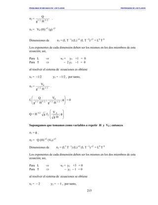 PROBLEMAS DE MECANICA DE LOS FLUIDOS PROPIEDADES DE LOS FLUIDOS
_______________________________________________________________________________________________________________________________________________________________________________________________________________________________________________________________________________
215
π2 = 2/52/1
Hg
Q
.
π3 = V0 (H) x3
(g) y3
Dimensiones de π3 = (L T –1
) (L) x3
(L T −2
) y3
= L0
T 0
Los exponentes de cada dimensión deben ser los mismos en los dos miembros de esta
ecuación; así,
Para L ⇒ x3 + y3 +1 = 0
Para T ⇒ − 2 y3 −1 = 0
al resolver el sistema de ecuaciones es obtiene
x3 = −1/2 y3 = −1/2 , por tanto,
π3 = 2/12/1
0
Hg
V
.
f1








φ;
Hg
V
;
Hg
Q
2/12/1
0
2/52/1
= 0
Q = H 5/2








φ;
Hg
V
fg 0
2
Supongamos que tomamos como variables a repetir H y V0 ; entonces
π1 = φ .
π2 = Q (H) x2
(V0) y2
Dimensiones de π2 = (L3
T –1
) (L) x2
(L T −1
) y2
= L0
T 0
Los exponentes de cada dimensión deben ser los mismos en los dos miembros de esta
ecuación; asi,
Para L ⇒ x2 + y2 +3 = 0
Para T ⇒ − y2 − 1 = 0
al resolver el sistema de ecuaciones se obtiene
x2 = − 2 y2 = − 1 , por tanto,
 