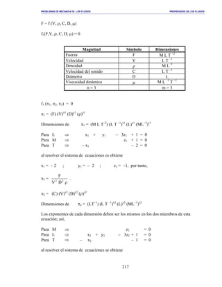 PROBLEMAS DE MECANICA DE LOS FLUIDOS PROPIEDADES DE LOS FLUIDOS
_______________________________________________________________________________________________________________________________________________________________________________________________________________________________________________________________________________
217
F = f (V, ρ, C, D, µ)
f1(F,V, ρ, C, D, µ) = 0
Magnitud Símbolo Dimensiones
Fuerza F M L T −2
Velocidad V L T –1
Densidad ρ M L–3
Velocidad del sonido C L T –1
Diámetro D L
Viscosidad dinámica µ M L –1
T –1
n = 3 m = 3
f1 (π1, π2, π3) = 0
π1 = (F) (V)x1
(D)y1
(ρ)z1
Dimensiones de π1 = (M L T−2
) (L T –1
)x1
(L)y1
(ML−3
)z1
Para L ⇒ x1 + y1 − 3z1 + 1 = 0
Para M ⇒ z1 + 1 = 0
Para T ⇒ − x1 − 2 = 0
al resolver el sistema de ecuaciones es obtiene
x1 = − 2 ; y1 = − 2 ; z1 = −1, por tanto,
π1 =
ρ22
DV
F
.
π2 = (C) (V)x2
(D)y2
(ρ)z2
Dimensiones de π2 = (LT−1
) (L T –1
)x2
(L)y2
(ML−3
)z2
Los exponentes de cada dimensión deben ser los mismos en los dos miembros de esta
ecuación; así,
Para M ⇒ z2 = 0
Para L ⇒ x2 + y2 − 3z2 + 1 = 0
Para T ⇒ − x2 − 1 = 0
al resolver el sistema de ecuaciones se obtiene
 