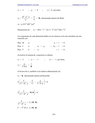 PROBLEMAS DE MECANICA DE LOS FLUIDOS PROPIEDADES DE LOS FLUIDOS
_______________________________________________________________________________________________________________________________________________________________________________________________________________________________________________________________________________
218
x2 = −1 ; y2 = 0 ; z2 = 0, por tanto,
π2 = 1
00
V
CD ρ
=
V
C
= M, denominado número de Mach.
π3 = µ (V)x3
(D)y3
(ρ)z3
Dimensiones de π3 = (M L−1
T –1
) (L T –1
)x3
(L)y3
(M L−3
)z3
Los exponentes de cada dimensión deben ser los mismos en los dos miembros de esta
ecuación; así,
Para M ⇒ z3 + 1 = 0
Para L ⇒ x3 + y3 − 3z3 − 1 = 0
Para T ⇒ − x3 + 1 = 0
al resolver el sistema de ecuaciones se obtiene
x3 = −1 ; y3 = − 1 ; z2 = − 1, por tanto,
π3 =
ρ
µ
DV
=
R
1
el inverso de π3, también es un número adimensional; así,
π3 = R, denominado número de Reynolds.
f1








ρ
µ
ρ DV
;
V
C
;
DV
F
22
= 0
f2








ρ
RM;;
DV
F
22
= 0
ρ22
DV
F
= f2 (M; R)
F = V2
D2
ρ f2 (M; R)
 