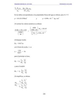 PROBLEMAS DE MECANICA DE LOS FLUIDOS PROPIEDADES DE LOS FLUIDOS
_______________________________________________________________________________________________________________________________________________________________________________________________________________________________________________________________________________
220
( )
( ) mm
mmm
p
ppp
A
DQDV
µ
ρ
=
µ
ρ
En las tablas correspondientes a las propiedades físicas del agua se obtiene, para 21.1° C
ρ = 101.83 UTM/m3
y µ = 0.996 x 10 − 4
kg s/m2
Al sustituir los valores numéricos se obtiene
4
m
1096.9D
83.101D
601000
4500
98
002.0
20.420.100.23
xx
4
x
xxx
2
m
−












=





 π
Al despejar resulta
Dm = 0.017 m
así el factor de escala, λ es
λ =
017.0
20.1
= 70
para el prototipo se tiene,
hfp = fp
g2
V
D
L 2
P
P
p
y para el modelo
hfm = fm
g2
V
D
L 2
m
m
m
Al simplificar, se obtiene
g2
V
D
L
f
g2
V
D
L
f
hf
hf
2
m
m
m
m
2
p
p
p
p
m
p
=
 