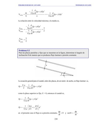 PROBLEMAS DE MECANICA DE LOS FLUIDOS PROPIEDADES DE LOS FLUIDOS
_______________________________________________________________________________________________________________________________________________________________________________________________________________________________________________________________________________
230
( )
( ) 2
3
media ahp
ld
d
12
1
a
ahp
ld
d
12
1
A
Q
V γ+
µ
−=
γ+
µ
−
==
La relación entre la velocidad máxima y la media es,
( )
( ) 2
3
ahp
ld
d
12
1
ahp
ld
d
8
1
V
u
2
2
media
max
=
γ+
µ
−
γ+
µ
−
=
2
3
V
u
media
max
=
La ecuación general para el caudal, entre dos placas, de un metro de ancho, en flujo laminar es,
( ) 3
ahp
ld
d
12
1
2
aU
Q γ+
µ
−=
como la placa superior es fija, U = 0, entonces el caudal es,
( ) 3
ahp
ld
d
12
1
Q γ+
µ
−=
3
a
ld
hd
ld
pd
12
1
Q 





γ+
µ
−=
en el presente caso el flujo es a presión constante, 0
dl
dp
= y
dl
dh
sen −=θ ,
Problema 5.2
Para las placas paralelas y fijas que se muestran en la figura, determinar el ángulo de
inclinación θ de manera que se produzca flujo laminar a presión constante.
 