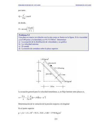 PROBLEMAS DE MECANICA DE LOS FLUIDOS PROPIEDADES DE LOS FLUIDOS
_______________________________________________________________________________________________________________________________________________________________________________________________________________________________________________________________________________
231
por tanto
θγ
µ
= sen
12
a
Q
3
de donde,






γ
µ
=θ 3
a
Q12
senarc
La ecuación general para la velocidad instantánea, u, en flujo laminar entre placas es,
( )( )2
yyahp
ld
d
2
1
a
yU
u −γ+
µ
−=
Determinación de la variación de la presión respecto a la longitud
En el punto superior
p + γ h = 1.5 x 104
+ 93.5 x 9.81 x 3.00 = 17750 Kg/m2
Problema 5.3
Una placa se mueve en relación con la otra como se ilustra en la figura. Si la viscosidad
µ es 0.80 poise y la densidad ρ es 93.5 UTM/m3
. Determinar:
a) La ecuación de la distribución de velocidades y su gráfico
b) La velocidad máxima
c) El caudal
d) La tensión de cortadura sobre la placa superior.
 