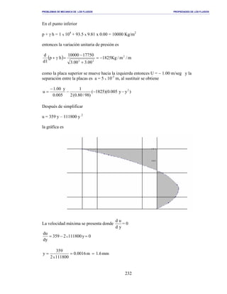 PROBLEMAS DE MECANICA DE LOS FLUIDOS PROPIEDADES DE LOS FLUIDOS
_______________________________________________________________________________________________________________________________________________________________________________________________________________________________________________________________________________
232
En el punto inferior
p + γ h = 1 x 104
+ 93.5 x 9.81 x 0.00 = 10000 Kg/m2
entonces la variación unitaria de presión es
( ) m/m/Kg1825
00.300.3
1775010000
hp
ld
d 2
22
−=
+
−
=γ+
como la placa superior se mueve hacia la izquierda entonces U = − 1.00 m/seg y la
separación entre la placas es a = 5 x 10-3
m, al sustituir se obtiene
)yy005.0)(1825(
)98/80.0(2
1
005.0
y00.1
u 2
−−−
−
=
Después de simplificar
u = 359 y – 111800 y 2
la gráfica es
La velocidad máxima se presenta donde
yd
ud
= 0
0y1118002359
dy
du
x =−=
mm6.1m0016.0
1118002
359
y
x
===
 