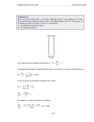 PROBLEMAS DE MECANICA DE LOS FLUIDOS PROPIEDADES DE LOS FLUIDOS
_______________________________________________________________________________________________________________________________________________________________________________________________________________________________________________________________________________
236
Las condiciones del problema indican que U = 0 y
ld
hd
= − 1
La ecuación general para el caudal, entre dos placas, de un metro de ancho, en flujo laminar es,
( ) 3
ahp
ld
d
12
1
2
aU
Q γ+
µ
−=
la cual se puede escribir para el presente caso como
3
aγ
ld
pd
µ12
1
Q 





−−=
γ+
µ
−= 3
a
Q12
ld
pd
Al sustituir los valores numéricos se obtiene
10008.0
01.0
01.0106.1912
ld
pd
x
xxx
3
2
+−=
−
Problema 5.5
Entre dos placas planas fijas y verticales, separadas entre sí una distancia de 10 mm,
fluye aceite de peso específico relativo 0.80 y viscosidad dinámica 19.6 x10 -2
Kg seg/m2
. Si
el caudal por metro de ancho es 0.01 m3
/s. Determinar:
a) El gradiente de presiones dp/dl.
b) La velocidad máxima.
 