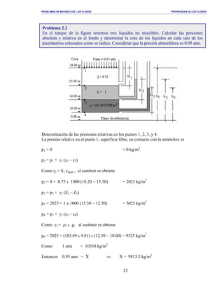 PROBLEMAS DE MECANICA DE LOS FLUIDOS PROPIEDADES DE LOS FLUIDOS
_______________________________________________________________________________________________________________________________________________________________________________________________________________________________________________________________________________
23
Determinación de las presiones relativas en los puntos 1, 2, 3, y 4.
La presión relativa en el punto 1, superficie libre, en contacto con la atmósfera es
p1 = 0 = 0 kg/m2
.
p2 = p1 + γ1 (z1 − z2)
Como γ1 = S1 γagua , al sustituir se obtiene
p2 = 0 + 0.75 x 1000 (18.20 − 15.50) = 2025 kg/m2
p3 = p2 + γ2 (Z2 − Z3)
p3 = 2025 + 1 x 1000 (15.50 − 12.50) = 5025 kg/m2
p4 = p3 + γ3 (z3 − z4)
Como γ3 = ρ3 x g, al sustituir se obtiene
p4 = 5025 + (183.49 x 9.81) x (12.50 − 10.00) = 9525 kg/m2
Como 1 atm = 10330 kg/m2
Entonces 0.95 atm = X ⇒ X = 9813.5 kg/m2
Problema 2.2
En el tanque de la figura tenemos tres líquidos no miscibles. Calcular las presiones
absoluta y relativa en el fondo y determinar la cota de los líquidos en cada uno de los
piezómetros colocados como se indica. Considerar que la presión atmosférica es 0.95 atm.
 