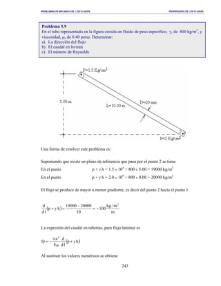 PROBLEMAS DE MECANICA DE LOS FLUIDOS PROPIEDADES DE LOS FLUIDOS
_______________________________________________________________________________________________________________________________________________________________________________________________________________________________________________________________________________
243
Una forma de resolver este problema es:
Suponiendo que existe un plano de referencia que pasa por el punto 2 se tiene
En el punto p + γ h = 1.5 x 104
+ 800 x 5.00 = 19000 kg/m2
En el punto p + γ h = 2.0 x 104
+ 800 x 0.00 = 20000 kg/m2
El flujo se produce de mayor a menor gradiente, es decir del punto 2 hacia el punto 1
( )
m
m/kg
100
10
2000019000
hp
ld
d 2
−=
−
=γ+
La expresión del caudal en tuberías, para flujo laminar es
( )hp
ld
d
8
a
Q
4
γ+
µ
π
−=
Al sustituir los valores numéricos se obtiene
Problema 5.9
En el tubo representado en la figura circula un fluido de peso específico, γ, de 800 kg/m3
, y
viscosidad, µ, de 0.40 poise. Determinar:
a) La dirección del flujo
b) El caudal en lts/min
c) El número de Reynolds
 