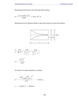 PROBLEMAS DE MECANICA DE LOS FLUIDOS PROPIEDADES DE LOS FLUIDOS
_______________________________________________________________________________________________________________________________________________________________________________________________________________________________________________________________________________
266
Determinación del espesor de la sub-capa límite laminar
δ‫י‬ =
056.0
10975.06.11 6
xx
−
= 2.02 x 10−5
m
Determinación de la distancia donde la capa límite alcanza el centro de la tubería
( ) 5/1
5/15/15/1
x
x
U
37.0
xU
37.0
R
37.0
x






υ
=






υ
==
δ
x4/5
=
37.0
U
5/1






υ
δ
Al sustituir los valores numéricos se obtiene
x4/5
=
37.0
10975.0
58.1
50.2
5/1
6
x 





−
= 118.01 m
x = (118.01) 5/4
= 388.96 m
 