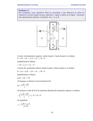 PROBLEMAS DE MECANICA DE LOS FLUIDOS PROPIEDADES DE LOS FLUIDOS
_______________________________________________________________________________________________________________________________________________________________________________________________________________________________________________________________________________
29
A través del manómetro superior, desde el punto 1 hasta el punto 2 se obtiene
0 − γ H − γ X − γA A + γ A + γ X = 0
Simplificando se obtiene
− γ H − γA A + γ A = 0
A través del manómetro inferior, desde el punto 1 hasta el punto 2, se obtiene
0 + γ m + γB B − γ B − γ m − γ H = 0
Simplificando se obtiene
γB B − γ B = γ H
Al despejar, se obtiene el valor del desnivel H
γ
γ−γ
=
BB
H B
Al sustituir el valor de H en la expresión obtenida del manómetro superior, se obtiene
0AA
BB
A
B
=γ+γ−





γ
γ−γ
γ−
Al simplificar
BA
AB AB
+
γ+γ
=γ
Problema 2.7
Dos recipientes cuyas superficies libres se encuentran a una diferencia de altura H,
contienen el mismo líquido de peso específico γ según se indica en la figura. Encuentre
una expresión para calcular γ en función de γa, A, γB, B.
 