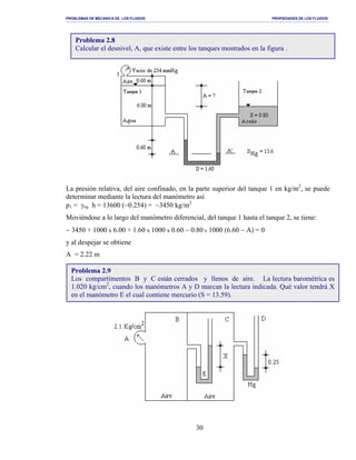 PROBLEMAS DE MECANICA DE LOS FLUIDOS PROPIEDADES DE LOS FLUIDOS
_______________________________________________________________________________________________________________________________________________________________________________________________________________________________________________________________________________
30
La presión relativa, del aire confinado, en la parte superior del tanque 1 en kg/m2
, se puede
determinar mediante la lectura del manómetro así
p1 = γHg h = 13600 (−0.254) = −3450 kg/m2
Moviéndose a lo largo del manómetro diferencial, del tanque 1 hasta el tanque 2, se tiene:
− 3450 + 1000 x 6.00 + 1.60 x 1000 x 0.60 − 0.80 x 1000 (6.60 − A) = 0
y al despejar se obtiene
A = 2.22 m
Problema 2.8
Calcular el desnivel, A, que existe entre los tanques mostrados en la figura .
Problema 2.9
Los compartimentos B y C están cerrados y llenos de aire. La lectura barométrica es
1.020 kg/cm2
, cuando los manómetros A y D marcan la lectura indicada. Qué valor tendrá X
en el manómetro E el cual contiene mercurio (S = 13.59).
 