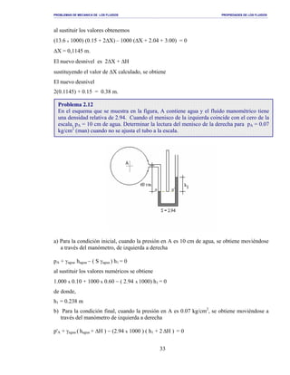 PROBLEMAS DE MECANICA DE LOS FLUIDOS PROPIEDADES DE LOS FLUIDOS
_______________________________________________________________________________________________________________________________________________________________________________________________________________________________________________________________________________
33
al sustituir los valores obtenemos
(13.6 x 1000) (0.15 + 2∆X) – 1000 (∆X + 2.04 + 3.00) = 0
∆X = 0,1145 m.
El nuevo desnivel es 2∆X + ∆H
sustituyendo el valor de ∆X calculado, se obtiene
El nuevo desnivel
2(0.1145) + 0.15 = 0.38 m.
a) Para la condición inicial, cuando la presión en A es 10 cm de agua, se obtiene moviéndose
a través del manómetro, de izquierda a derecha
pA + γagua hagua − ( S γagua ) h1 = 0
al sustituir los valores numéricos se obtiene
1.000 x 0.10 + 1000 x 0.60 − ( 2.94 x 1000) h1 = 0
de donde,
h1 = 0.238 m
b) Para la condición final, cuando la presión en A es 0.07 kg/cm2
, se obtiene moviéndose a
través del manómetro de izquierda a derecha
p'A + γagua ( hagua + ∆H ) − (2.94 x 1000 ) ( h1 + 2 ∆H ) = 0
Problema 2.12
En el esquema que se muestra en la figura, A contiene agua y el fluido manométrico tiene
una densidad relativa de 2.94. Cuando el menisco de la izquierda coincide con el cero de la
escala, pA = 10 cm de agua. Determinar la lectura del menisco de la derecha para pA = 0.07
kg/cm2
(man) cuando no se ajusta el tubo a la escala.
 