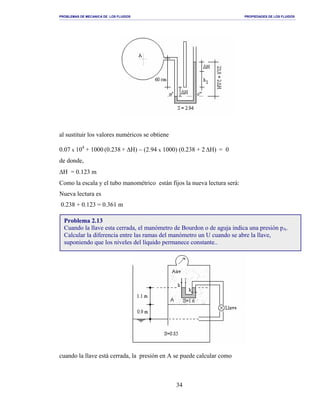 PROBLEMAS DE MECANICA DE LOS FLUIDOS PROPIEDADES DE LOS FLUIDOS
_______________________________________________________________________________________________________________________________________________________________________________________________________________________________________________________________________________
34
al sustituir los valores numéricos se obtiene
0.07 x 104
+ 1000 (0.238 + ∆H) − (2.94 x 1000) (0.238 + 2 ∆H) = 0
de donde,
∆H = 0.123 m
Como la escala y el tubo manométrico están fijos la nueva lectura será:
Nueva lectura es
0.238 + 0.123 = 0.361 m
cuando la llave está cerrada, la presión en A se puede calcular como
Problema 2.13
Cuando la llave esta cerrada, el manómetro de Bourdon o de aguja indica una presión pA.
Calcular la diferencia entre las ramas del manómetro un U cuando se abre la llave,
suponiendo que los niveles del líquido permanece constante..
 