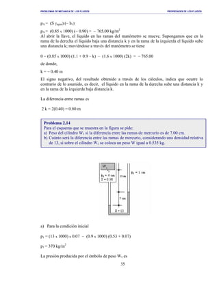 PROBLEMAS DE MECANICA DE LOS FLUIDOS PROPIEDADES DE LOS FLUIDOS
_______________________________________________________________________________________________________________________________________________________________________________________________________________________________________________________________________________
35
pA = (S γagua) (− h1)
pA = (0.85 x 1000) (− 0.90) = − 765.00 kg/m2
Al abrir la llave, el líquido en las ramas del manómetro se mueve. Supongamos que en la
rama de la derecha el líquido baja una distancia k y en la rama de la izquierda el líquido sube
una distancia k; moviéndose a través del manómetro se tiene
0 − (0.85 x 1000) (1.1 + 0.9 – k) – (1.6 x 1000) (2k) = − 765.00
de donde,
k = − 0.40 m
El signo negativo, del resultado obtenido a través de los cálculos, indica que ocurre lo
contrario de lo asumido, es decir, el líquido en la rama de la derecha sube una distancia k y
en la rama de la izquierda baja distancia k.
La diferencia entre ramas es
2 k = 2(0.40) = 0.80 m
a) Para la condición inicial
p1 = (13 x 1000) x 0.07 − (0.9 x 1000) (0.53 + 0.07)
p1 = 370 kg/m2
La presión producida por el émbolo de peso W1 es
Problema 2.14
Para el esquema que se muestra en la figura se pide:
a) Peso del cilindro W1 si la diferencia entre las ramas de mercurio es de 7.00 cm.
b) Cuánto será la diferencia entre las ramas de mercurio, considerando una densidad relativa
de 13, si sobre el cilindro W1 se coloca un peso W igual a 0.535 kg.
 