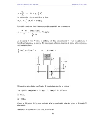 PROBLEMAS DE MECANICA DE LOS FLUIDOS PROPIEDADES DE LOS FLUIDOS
_______________________________________________________________________________________________________________________________________________________________________________________________________________________________________________________________________________
36
1
1
1
A
W
p = ⇒ 2
111
4
pW Φ
π
=
Al sustituir los valores numéricos se tiene
W1 = 370 x
4
π
x 0.042
= 0.465 kg
b) Para la condición final, la nueva presión producida por el émbolo es
2
21
1'
1 m/kg796
04.0
4
535.0456.0
A
WW
p =
π
+
=
+
=
Al colocarse el peso W sobre el embolo, éste baja una distancia Y, y en consecuencia, el
líquido en la rama de la derecha del manómetro sube una distancia X. Como estos volúmenes
son iguales se tiene
X063.0YX01.0
4
Y04.0
4
22
=⇒
π
=
π
Moviéndose a través del manómetro de izquierda a derecha se obtiene
796 + (0.90 x 1000) (0.60 − Y + X) − (13 x 1000) (2 X + 0.07) = 0
de donde,
X = 0.02 m
Como la diferencia de lecturas es igual a la lectura inicial más dos veces la distancia X,
obtenemos
Diferencia de lecturas = 0.07 + 2 x 0.02 = 0.11 m
 
