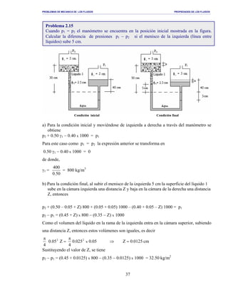 PROBLEMAS DE MECANICA DE LOS FLUIDOS PROPIEDADES DE LOS FLUIDOS
_______________________________________________________________________________________________________________________________________________________________________________________________________________________________________________________________________________
37
Condición inicial Condición final
a) Para la condición inicial y moviéndose de izquierda a derecha a través del manómetro se
obtiene
p2 + 0.50 γ1 − 0.40 x 1000 = p1
Para este caso como p1 = p2 la expresión anterior se transforma en
0.50 γ1 − 0.40 x 1000 = 0
de donde,
γ1 =
50.0
400
= 800 kg/m3
b) Para la condición final, al subir el menisco de la izquierda 5 cm la superficie del líquido 1
sube en la cámara izquierda una distancia Z y baja en la cámara de la derecha una distancia
Z, entonces
p2 + (0.50 – 0.05 + Z) 800 + (0.05 + 0.05) 1000 – (0.40 + 0.05 – Z) 1000 = p1
p2 − p1 = (0.45 + Z) x 800 − (0.35 − Z) x 1000
Como el volumen del líquido en la rama de la izquierda entra en la cámara superior, subiendo
una distancia Z, entonces estos volúmenes son iguales, es decir
cm0125.0Z05.0025.0
4
Z05.0
4
x
22
=⇒
π
=
π
Sustituyendo el valor de Z, se tiene
p2 − p1 = (0.45 + 0.0125) x 800 − (0.35 − 0.0125) x 1000 = 32.50 kg/m2
Problema 2.15
Cuando p1 = p2 el manómetro se encuentra en la posición inicial mostrada en la figura.
Calcular la diferencia de presiones p1 − p2 si el menisco de la izquierda (línea entre
líquidos) sube 5 cm.
 