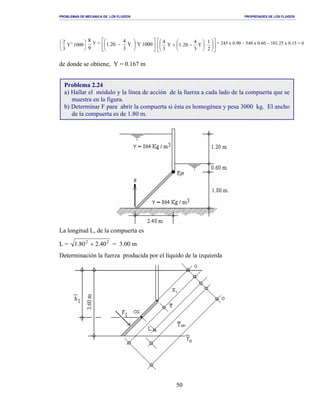 PROBLEMAS DE MECANICA DE LOS FLUIDOS PROPIEDADES DE LOS FLUIDOS
_______________________________________________________________________________________________________________________________________________________________________________________________________________________________________________________________________________
50






1000Y
3
2 2
9
8 Y +












1000YY
3
4
-1.20 

















−+
2
1
Y
3
4
20.1Y
3
4 + 245 x 0.90 − 540 x 0.60 − 101.25 x 0.15 = 0
de donde se obtiene, Y = 0.167 m
La longitud L, de la compuerta es
L = 22
40.280.1 + = 3.00 m
Determinación la fuerza producida por el líquido de la izquierda
Problema 2.24
a) Hallar el módulo y la línea de acción de la fuerza a cada lado de la compuerta que se
muestra en la figura.
b) Determinar F para abrir la compuerta si ésta es homogénea y pesa 3000 kg. El ancho
de la compuerta es de 1.80 m.
 