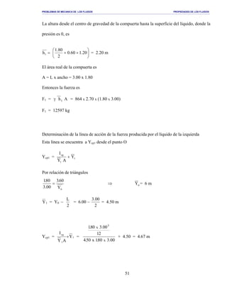 PROBLEMAS DE MECANICA DE LOS FLUIDOS PROPIEDADES DE LOS FLUIDOS
_______________________________________________________________________________________________________________________________________________________________________________________________________________________________________________________________________________
51
La altura desde el centro de gravedad de la compuerta hasta la superficie del líquido, donde la
presión es 0, es
h1 = 





++ 20.160.0
2
80.1
= 2.20 m
El área real de la compuerta es
A = L x ancho = 3.00 x 1.80
Entonces la fuerza es
F1 = Ah1γ = 864 x 2.70 x (1.80 x 3.00)
F1 = 12597 kg
Determinación de la línea de acción de la fuerza producida por el líquido de la izquierda
Esta línea se encuentra a Ycp1 desde el punto O
Ycp1 = 1
1
cg
Y
AY
I
+
Por relación de triángulos
oY
60.3
00.3
80.1
= ⇒ oY = 6 m
Y1 = Y0 −
2
L
= 6.00 −
2
00.3
= 4.50 m
Ycp1 = 1
1
gc
Y
AY
I
+ =
00.380.1x50.4
21
00.308.1
x
x
3
+ 4.50 = 4.67 m
 
