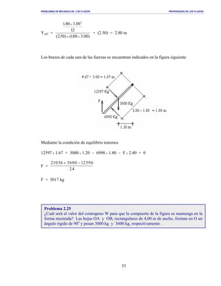 PROBLEMAS DE MECANICA DE LOS FLUIDOS PROPIEDADES DE LOS FLUIDOS
_______________________________________________________________________________________________________________________________________________________________________________________________________________________________________________________________________________
53
Ycp2 =
)00.380.1()50.2(
21
00.308.1
xx
x
3
+ (2.50) = 2.80 m
Los brazos de cada una de las fuerzas se encuentran indicados en la figura siguiente
Mediante la condición de equilibrio tenemos
12597 x 1.67 + 3000 x 1.20 − 6998 x 1.80 − F x 2.40 = 0
F =
21036 3600 12596
24
+ −
F = 5017 kg
Problema 2.25
¿Cuál será el valor del contrapeso W para que la compuerta de la figura se mantenga en la
forma mostrada? Las hojas OA y OB, rectangulares de 4,00 m de ancho, forman en O un
ángulo rígido de 90o
y pesan 3000 kg y 3600 kg, respectivamente.
 