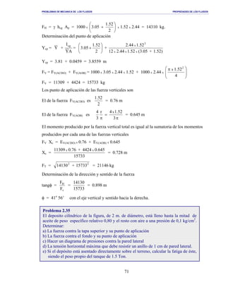 PROBLEMAS DE MECANICA DE LOS FLUIDOS PROPIEDADES DE LOS FLUIDOS
_______________________________________________________________________________________________________________________________________________________________________________________________________________________________________________________________________________
71
FH = γ hcg Ap = 1000 x 





+
2
52.1
05.3 x 1.52 x 2.44 = 14310 kg.
Determinación del punto de aplicación
Ycp = Y +
AY
Icg
= 





+
2
52.1
05.3 +
1.52)+(3.051.522.4412
1.522.44
xxx
3
x
Ycp = 3.81 + 0.0459 = 3.8559 m
FV = FV(ACDO) + FV(AOB) = 1000 x 3.05 x 2.44 x 1.52 + 1000 x 2.44 x







 π
4
52.1 2
x
FV = 11309 + 4424 = 15733 kg
Los punto de aplicación de las fuerza verticales son
El de la fuerza FV(ACDO) es
2
52.1
= 0.76 m
El de la fuerza FV(AOB) es
π
=
π 3
52.14r
3
4 x
= 0.645 m
El momento producido por la fuerza vertical total es igual al la sumatoria de los momentos
producidos por cada una de las fuerzas verticales
FV Xc = EV(ACDO) x 0.76 + EV(AOB) x 0.645
Xc =
15733
0.6454424+0.7611309 xx
= 0.728 m
FT = 22
15733+14130 = 21146 kg
Determinación de la dirección y sentido de la fuerza
tangφ =
v
H
F
F
=
15733
14130
= 0.898 m
φ = 41o
56’ con el eje vertical y sentido hacia la derecha.
Problema 2.35
El deposito cilíndrico de la figura, de 2 m. de diámetro, está lleno hasta la mitad de
aceite de peso específico relativo 0,80 y el resto con aire a una presión de 0,1 kg/cm2
.
Determinar:
a) La fuerza contra la tapa superior y su punto de aplicación
b) La fuerza contra el fondo y su punto de aplicación
c) Hacer un diagrama de presiones contra la pared lateral
d) La tensión horizontal máxima que debe resistir un anillo de 1 cm de pared lateral.
e) Si el depósito está asentado directamente sobre el terreno, calcular la fatiga de éste,
siendo el peso propio del tanque de 1.5 Ton.
 