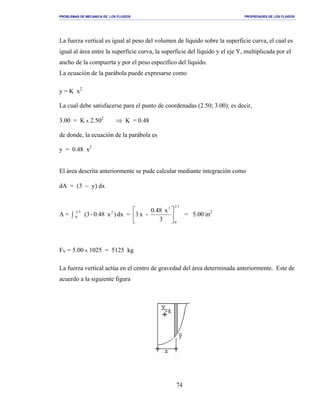 PROBLEMAS DE MECANICA DE LOS FLUIDOS PROPIEDADES DE LOS FLUIDOS
_______________________________________________________________________________________________________________________________________________________________________________________________________________________________________________________________________________
74
La fuerza vertical es igual al peso del volumen de líquido sobre la superficie curva, el cual es
igual al área entre la superficie curva, la superficie del líquido y el eje Y, multiplicada por el
ancho de la compuerta y por el peso específico del líquido.
La ecuación de la parábola puede expresarse como
y = K x2
La cual debe satisfacerse para el punto de coordenadas (2.50; 3.00); es decir,
3.00 = K x 2.502
⇒ K = 0.48
de donde, la ecuación de la parábola es
y = 0.48 x2
El área descrita anteriormente se pude calcular mediante integración como
dA = (3 − y) dx
A =
5.2
0
.52
0
3
2
3
x0.48
-x3=dx)x0.48-(3∫ 





= 5.00 m2
FV = 5.00 x 1025 = 5125 kg
La fuerza vertical actúa en el centro de gravedad del área determinada anteriormente. Este de
acuerdo a la siguiente figura
 