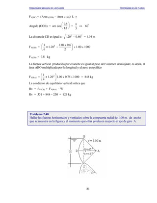 PROBLEMAS DE MECANICA DE LOS FLUIDOS PROPIEDADES DE LOS FLUIDOS
_______________________________________________________________________________________________________________________________________________________________________________________________________________________________________________________________________________
81
FV(BC) = (Area (COB) − Area (COD)) L γ
Angulo (COB) = arc cos
0 6
12
.
.





 =
3
π
⇒ 60º
La distancia CD es igual a 22
60.020.1 − = 1.04 m
FV(CB) = 





−π
2
0.6.041
.201
6
1 x2
x 1.00 x 1000
FV(CB) = 331 kg
La fuerza vertical producida por el aceite es igual al peso del volumen desalojado; es decir, el
área ABO multiplicada por la longitud y el peso específico
FV(BA) = 100075.000.1.201
4
1
xx
2






π = 848 kg
La condición de equilibrio vertical indica que
Rv = FV(CB) + FV(BA) − W
Rv = 331 + 848 − 250 = 929 kg
Problema 2.40
Hallar las fuerzas horizontales y verticales sobre la compuerta radial de 1.00 m. de ancho
que se muestra en la figura y el momento que ellas producen respecto al eje de giro A.
 