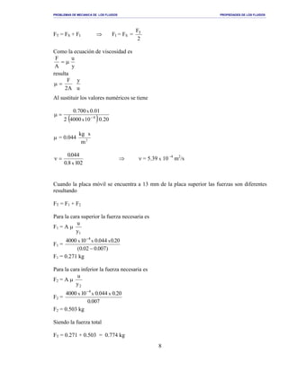 PROBLEMAS DE MECANICA DE LOS FLUIDOS PROPIEDADES DE LOS FLUIDOS
_______________________________________________________________________________________________________________________________________________________________________________________________________________________________________________________________________________
8
FT = FS + FI ⇒ FI = FS =
2
FT
Como la ecuación de viscosidad es
y
u
A
F
µ=
resulta
u
y
A2
F
=µ
Al sustituir los valores numéricos se tiene
( ) 20.01040002
01.0700.0
4
x
x
−
=µ
µ = 0.044 2
m
skg
2018.0
440.0
x
=ν ⇒ ν = 5.39 x 10 -4
m2
/s
Cuando la placa móvil se encuentra a 13 mm de la placa superior las fuerzas son diferentes
resultando
FT = F1 + F2
Para la cara superior la fuerza necesaria es
F1 = A µ
1y
u
F1 =
)700.020.0(
02.0440.0010004 xxx
4
−
−
F1 = 0.271 kg
Para la cara inferior la fuerza necesaria es
F2 = A µ
2y
u
F2 =
700.0
02.0440.0010004 xxx
4−
F2 = 0.503 kg
Siendo la fuerza total
FT = 0.271 + 0.503 = 0.774 kg
 