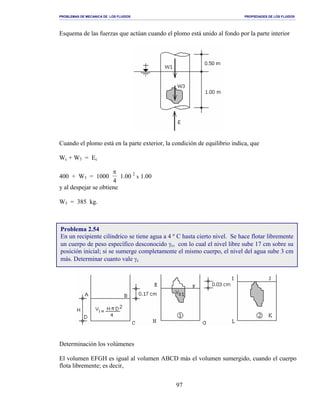 PROBLEMAS DE MECANICA DE LOS FLUIDOS PROPIEDADES DE LOS FLUIDOS
_______________________________________________________________________________________________________________________________________________________________________________________________________________________________________________________________________________
97
Esquema de las fuerzas que actúan cuando el plomo está unido al fondo por la parte interior
Cuando el plomo está en la parte exterior, la condición de equilibrio indica, que
Wc + W3 = Ec
400 + W3 = 1000
π
4
1.00 2
x 1.00
y al despejar se obtiene
W3 = 385 kg.
Determinación los volúmenes
El volumen EFGH es igual al volumen ABCD más el volumen sumergido, cuando el cuerpo
flota libremente; es decir,
Problema 2.54
En un recipiente cilíndrico se tiene agua a 4 º C hasta cierto nivel. Se hace flotar libremente
un cuerpo de peso específico desconocido γc, con lo cual el nivel libre sube 17 cm sobre su
posición inicial; si se sumerge completamente el mismo cuerpo, el nivel del agua sube 3 cm
más. Determinar cuanto vale γc
 