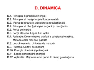 D. DINAMICA
D.1. Principiul I (principiul inerției)
D.2. Principiul al II-a (principiul fundamental)
D.3. Forța de greutate. Accelerația gravitațională
D.4. Principiul al III-a (principiul acțiunii și reacțiunii)
D.5. Forța de inerție
D.6. Forța elastică. Legea lui Hooke
D.7. Aplicație: Determinarea grafică a constantei elastice.
Metoda celor mai mici pătrate
D.8. Lucrul mecanic. Unitatea de masură
D.9. Puterea. Unități de măsură
D.10. Energia cinetică și potențială
D.11. Legea conservării energiei
D.12. Aplicație: Mișcarea unui punct în câmp gravitațional
 