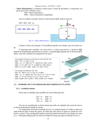 Mecânica do Navio – ESTÁTICA – Parte I
12
- Altura Metacêntrica é a distância vertical entre o centro de gravidade e o metacentro; em
geral, para evitar confusão, usa-se:
GM = altura metacêntrica;
GML = altura metacêntrica longitudinal.
Caso se conheça a posição vertical o centro de gravidade, pode-se escrever:
GM = KM – KG ou
GM = KB + BM – KG
A figura 8 ilustra esta situação. É aconselhável guardar esta relação, que será muito usa-
da.
É importante não confundir raio metacêntrico e altura metacêntrica; o primeiro, BM,
depende de propriedades geométricas de carena. A segunda GM, depende não só destas proprie-
dades, como das condições de carregamento do navio.
3.3 – INTRODUÇÃO À ESTABILIDADE DOS CORPOS FLUTUANTES
3.3.1. –Condições iniciais
Vimos que as condições para equilíbrio de uma embarcação são:
Fx = 0 Mx = 0
Fy = 0 My = 0
Fz = 0 Mz = 0
No caso em consideração, as únicas forças que estão em cogitação são o peso do navio e
as forças de pressão do líquido na carena.
As componentes de forças na direção do eixo y se anulam porque os 2 lados a carena em
cada bordo do plano central são iguais, de modo que estas forças só agem no sentido de com-
primir a carena. Uma consideração simples mostra que não há momentos com relação aos eixos
y e z. Afirmação análoga pode ser feita com relação às forças que agem na direção do eixo x.
K
B
G
M
Fig. 8 – Altura Metacêntrica
No exemplo da barcaça em forma de caixa da Fig. 3(a):
KB = ½ H = ½ (3,0) = 1,5 m;
BMT = ILC / = (LB3
/12) /  = (50x10
3
/12) / 1500 = 2,78 m
BML= IC / = (BL3
/12) /  = (10x503
/12) / 1500 = 69,4 m
KMT =1,5 + 2,78 = 4,28m; KML =1,5 + 69,4 = 70,9 m.
No exemplo do flutuante Fig. 3(b):
KB = R – 4R/3 = 0,5 – 4 ( 0,5) / 3 = 0,288 m
BMT = ILC / = 2[(5x1
3
/12) + 5x1x 1
2
]/ 2 x ½ ( 1
2
/4) x 5 =2,76 m
BML= IC / = 2(1 x 5
3
/12) / 2 x ½ ( 1
2
/4) x 5 = 5,31 m
KMT =0,288 + 2,76 = 3,048 m; KML =0,288 + 5,31 = 5,598 m.
3m
10m 50m
5m
R=0,5m
R=0,5m
2m
 