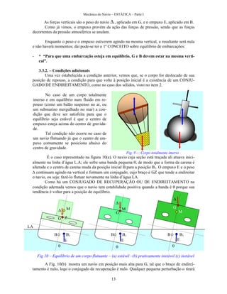 Mecânica do Navio – ESTÁTICA – Parte I
13
As forças verticais são o peso do navio , aplicado em G, e o empuxo E, aplicado em B.
Como já vimos, o empuxo provém da ação das forças de pressão, sendo que as forças
decorrentes da pressão atmosférica se anulam.
Enquanto o peso e o empuxo estiverem agindo na mesma vertical, a resultante será nula
e não haverá momentos; daí pode-se ter o 1º CONCEITO sobre equilíbrio de embarcações:
- * “Para que uma embarcação esteja em equilíbrio, G e B devem estar na mesma verti-
cal”.
3.3.2. – Condições adicionais
Uma vez estabelecida a condição anterior, vemos que, se o corpo for deslocado de sua
posição de repouso, a condição para que volte à posição inicial é a existência de um CONJU-
GADO DE ENDIREITAMENTO, como no caso dos sólidos, visto no item 2.
É o caso representado na figura 10(a). O navio cuja seção está traçada ali atuava inici-
almente na linha d’água L.A; ele sofre uma banda pequena , de modo que a forma da carena é
alterada e o centro de carena muda da posição inicial B para a posição B1. O empuxo E e o peso
continuam agindo na vertical e formam um conjugado, cujo braço é GZ que tende a endireitar
o navio, ou seja: fazê-lo flutuar novamente na linha d’água LA.
Como há um CONJUGADO DE RECUPERAÇÃO OU DE ENDIREITAMENTO na
condição adernada vemos que o navio tem estabilidade positiva quando a banda é porque sua
tendência é voltar para a posição de equilíbrio.
1
A Fig. 10(b) mostra um navio em posição mais alta para G, tal que o braço de endirei-
tamento é nulo, logo o conjugado de recuperação é nulo. Qualquer pequena perturbação o tirará
No caso de um corpo totalmente
imerso e em equilíbrio num fluido em re-
pouso (como um balão suspenso no ar, ou
um submarino mergulhado no mar) a con-
dição que deve ser satisfeita para que o
equilíbrio seja estável é que o centro de
empuxo esteja acima do centro de gravida-
de.
Tal condição não ocorre no caso de
um navio flutuando já que o centro de em-
puxo comumente se posiciona abaixo do
centro de gravidade.
Fig. 9 -– Corpo totalmente imerso
Fig 10 – Equilíbrio de um corpo flutuante – (a) estável –(b) praticamente instável (c) instável
LA
  
B B B B1B1B1
E E E



G
G
GM M
M
Z
 
