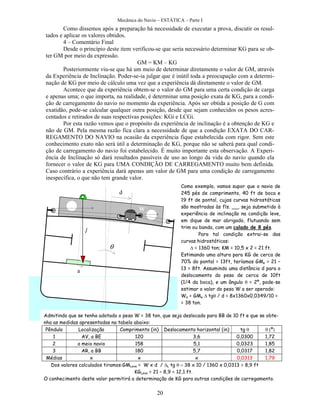 Mecânica do Navio – ESTÁTICA – Parte I
20
Como dissemos após a preparação há necessidade de executar a prova, discutir os resul-
tados e aplicar os valores obtidos.
4 – Comentário Final
Desde o princípio deste item verificou-se que seria necessário determinar KG para se ob-
ter GM por meio da expressão.
GM = KM – KG
Posteriormente viu-se que há um meio de determinar diretamente o valor de GM, através
da Experiência de Inclinação. Poder-se-ia julgar que é inútil toda a preocupação com a determi-
nação de KG por meio de cálculo uma vez que a experiência dá diretamente o valor de GM.
Acontece que da experiência obtem-se o valor do GM para uma certa condição de carga
e apenas uma; o que importa, na realidade, é determinar uma posição exata de KG, para a condi-
ção de carregamento do navio no momento da experiência. Após ser obtida a posição de G com
exatidão, pode-se calcular qualquer outra posição, desde que sejam conhecidos os pesos acres-
centados e retirados de suas respectivas posições: KGi e LCGi.
Por esta razão vemos que o propósito da experiência de inclinação é a obtenção de KG e
não de GM. Pela mesma razão fica clara a necessidade de que a condição EXATA DO CAR-
REGAMENTO DO NAVIO na ocasião da experiência fique estabelecida com rigor. Sem este
conhecimento exato não será útil a determinação de KG, porque não se saberá para qual condi-
ção de carregamento do navio foi estabelecido. É muito importante esta observação. A Experi-
ência de Inclinação só dará resultados passíveis de uso ao longo da vida do navio quando ela
fornecer o valor de KG para UMA CONDIÇÃO DE CARREGAMENTO muito bem definida.
Caso contrário a experiência dará apenas um valor de GM para uma condição de carregamento
inespecífica, o que não tem grande valor.
a
l
d
W

Como exemplo, vamos supor que o navio de
245 pés de comprimento, 40 ft de boca e
19 ft de pontal, cujas curvas hidrostáticas
são mostradas às fls. __, seja submetido à
experiência de inclinação na condição leve,
em dique de mar abrigado, flutuando sem
trim ou banda, com um calado de 8 pés.
Para tal condição extrai-se das
curvas hidrostáticas:
 = 1360 ton; KM = 10,5 x 2 = 21 ft.
Estimando uma altura para KG de cerca de
70% do pontal = 13ft, teríamos GMe = 21 –
13 = 8ft. Assumindo uma distância d para o
deslocamento do peso de cerca de 10ft
(1/4 da boca), e um ângulo  = 2º, pode-se
estimar o valor do peso W a ser operado:
We = GMe tg / d = 8x1360x0,0349/10 =
= 38 ton.
Admitindo que se tenha adotado o peso W = 38 ton, que seja deslocado para BB de 10 ft e que se obte-
nha as medidas apresentadas na tabela abaixo:
Pêndulo Localização Comprimento (in) Deslocamento horizontal (in) tg  º
1 AV, a BE 120 3,6 0,0300 1,72
2 a meio navio 158 5,1 0,0323 1,85
3 AR, a BB 180 5,7 0,0317 1,82
Médias x x x 0,0313 1,79
Dos valores calculados tiramos:GMLeve = W x d / Ltg 38 x 10 / 1360 x 0,0313 = 8,9 ft
KGLeve = 21 – 8,9 = 12,1 ft.
O conhecimento deste valor permitirá a determinação de KG para outras condições de carregamento.
      
 